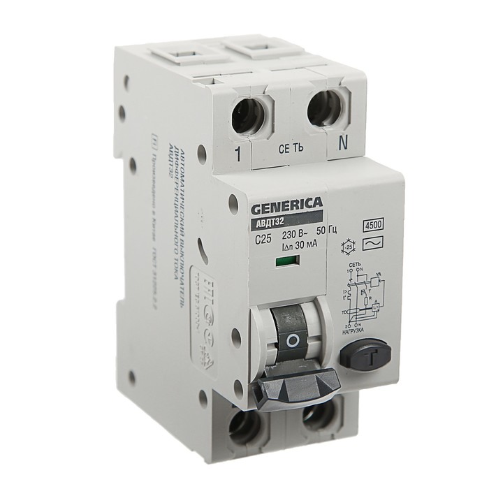 Дифференциальный автомат IEK GENERICA, АВДТ 32, 2п, 25 А, х-ка С, 30 мА, 6 кА, MAD25-5-025-C 37425