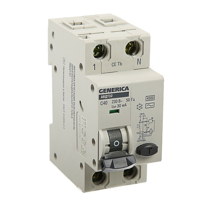 Дифференциальный автомат IEK GENERICA, АВДТ 32, 2п, 40 А, х-ка С, 30 мА, 6 кА, MAD25-5-040-C 37425