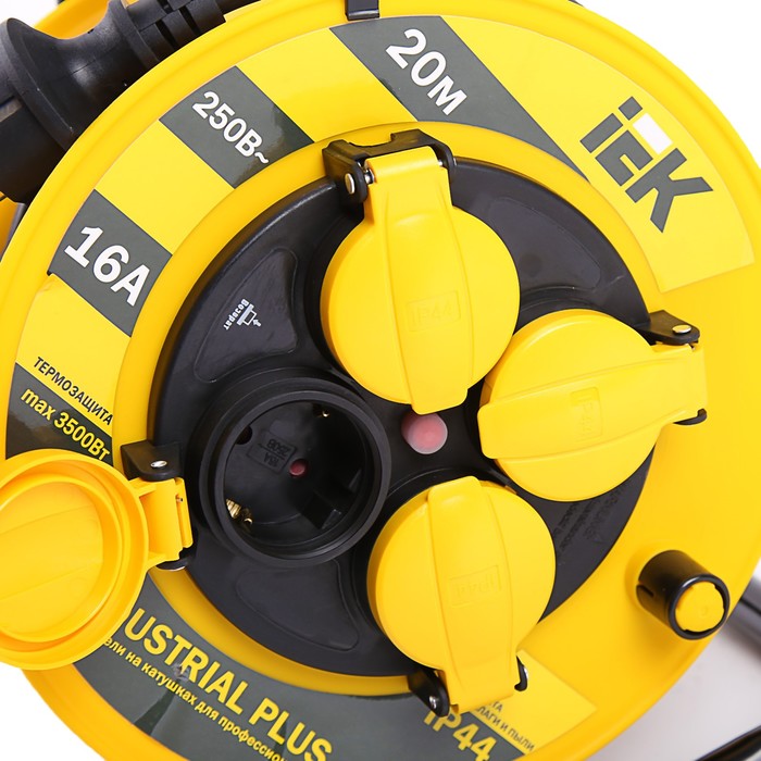 Удлинитель на катушке IEK Industrial plus, УК20, 4 розетки, 20 м, термозащ., 3х1.5мм2, IP44, 37425