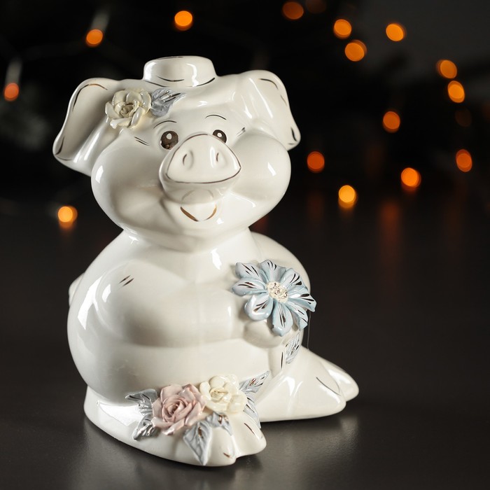 Копилка "Свинка с цветком" лепка большая