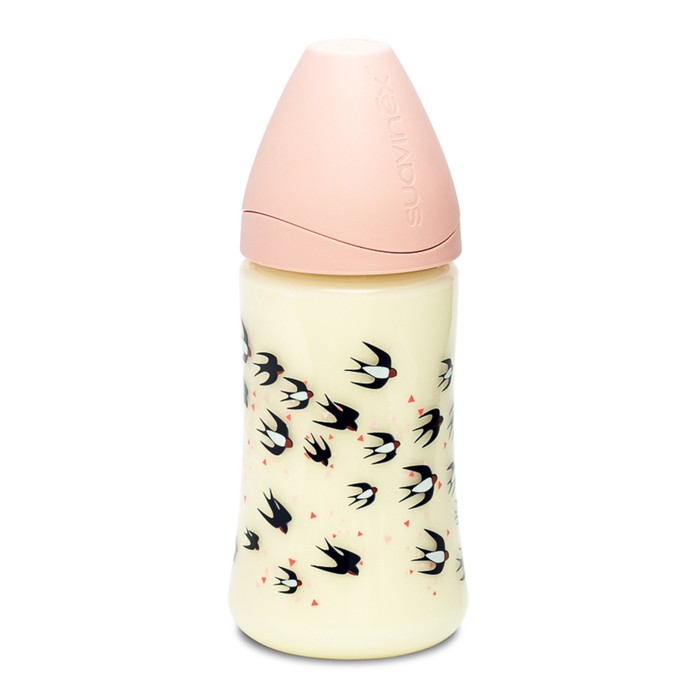 Бутылочка Suavinex 270мл от 0 мес. силик. кругл. соска, розовая, "Ласточки"