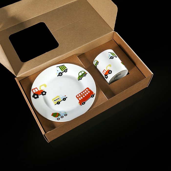 Набор посуды "Машинки", 3 предмета: кружка, тарелка глубокая, тарелка плоская