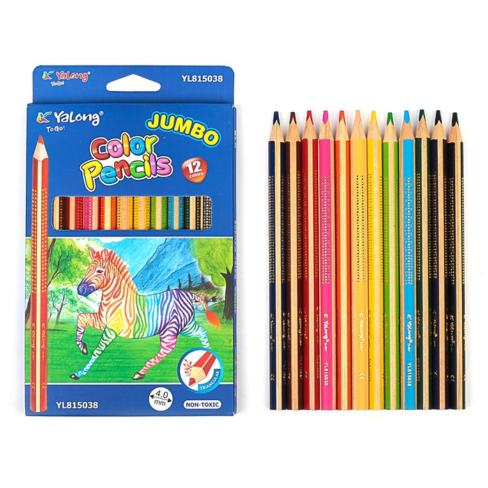 Карандаши 12цв в картонной коробке Yalong ТОЛСТЫЕ заточенные трехгранные МИКС