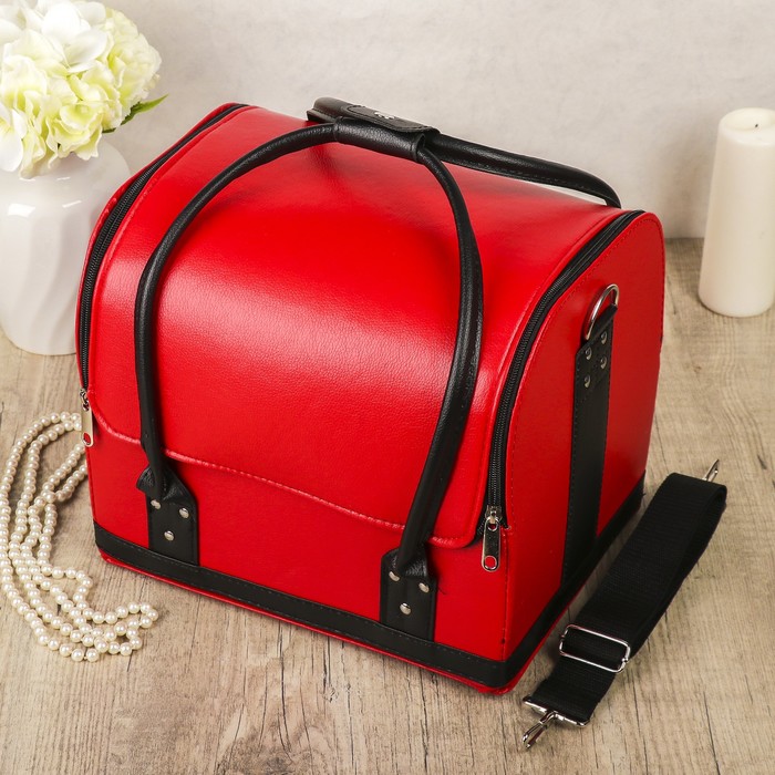 Шкатулка кожзам для косметики "Красная с чёрной отделкой" 24х29,5х25 см