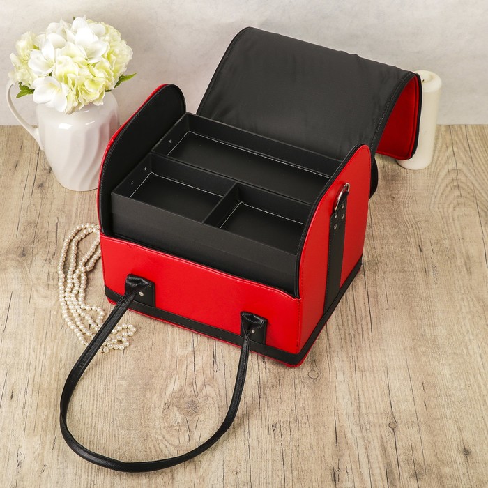 Шкатулка кожзам для косметики "Красная с чёрной отделкой" 24х29,5х25 см