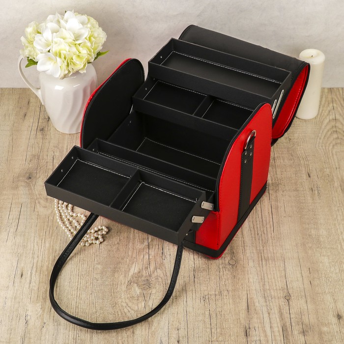 Шкатулка кожзам для косметики "Красная с чёрной отделкой" 24х29,5х25 см