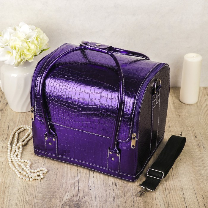 Шкатулка кожзам для косметики "Рептилия" фиолетовая глянец 24х29,5х25 см