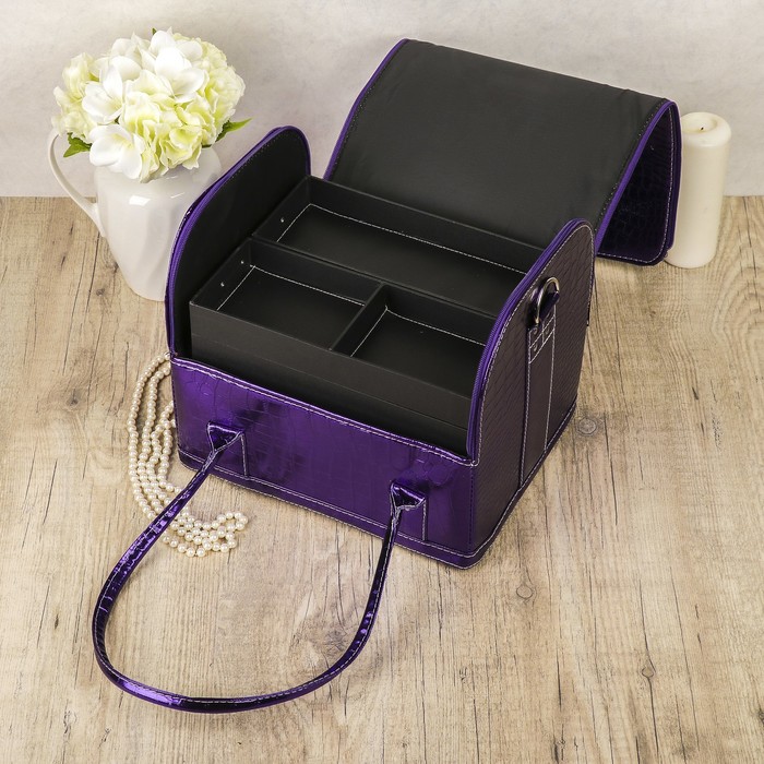 Шкатулка кожзам для косметики "Рептилия" фиолетовая глянец 24х29,5х25 см