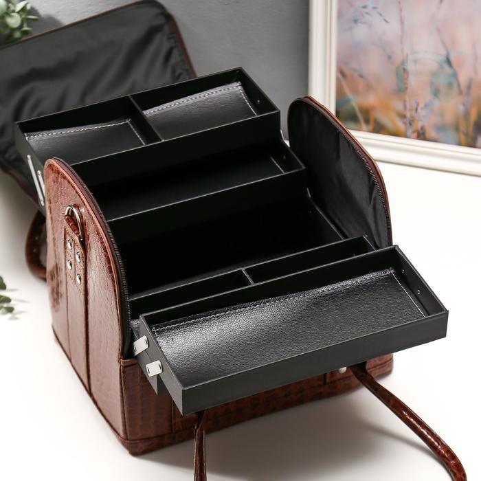 Шкатулка кожзам для косметики "Рептилия" кофейная глянец 24х29,5х25 см