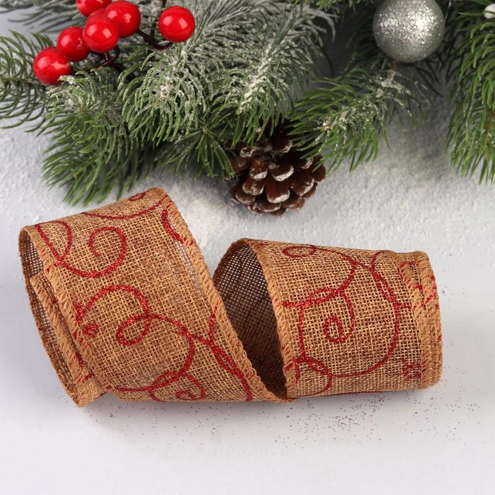 Лента холщовая "Узоры", 55мм, 4,6±1м, цвет красный/бежевый