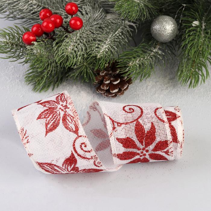 Лента холщовая "Цветы", 60мм, 4,6±1м, цвет красный/белый