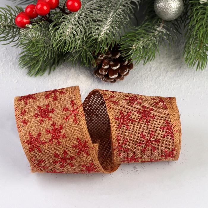 Лента холщовая "Снежинки", 60мм, 4,6±1м, цвет красный/бежевый