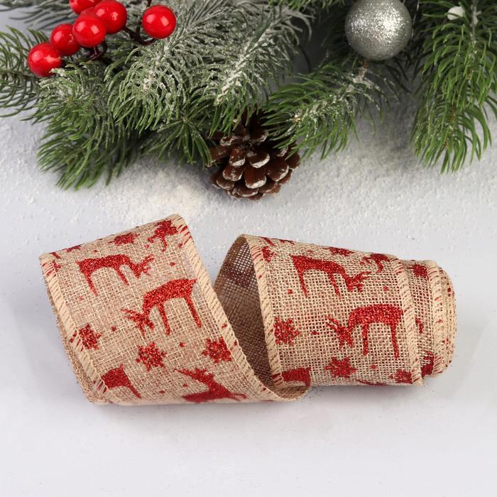 Лента холщовая "Олени", 60мм, 4,6±1м, цвет красный/бежевый