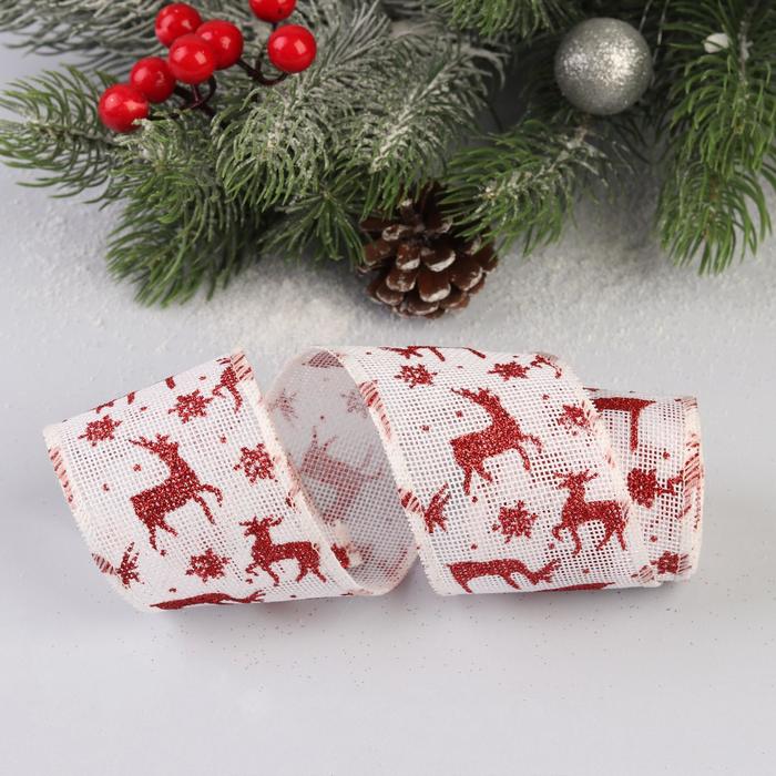 Лента холщовая "Олени", 60мм, 4,6±1м, цвет красный/бежевый