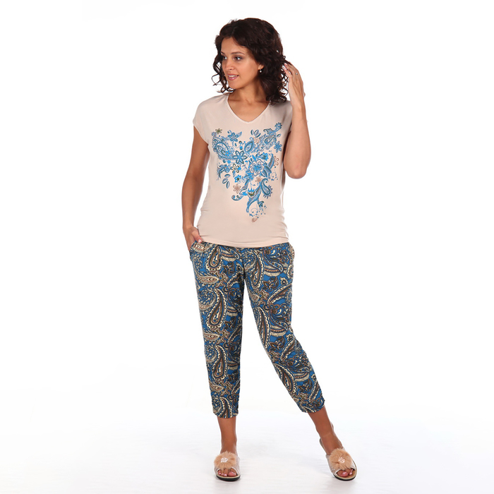 Комплект женский (футболка,бриджи) Рафаэлло цвет бежево-синий, р-р 52   вискоза