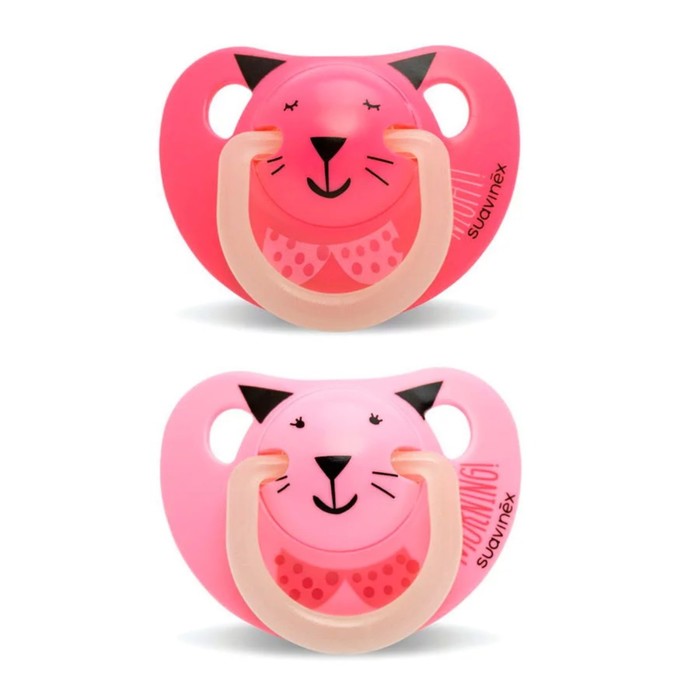Пустышка Suavinex от 6-18 мес. Night & Day, 2шт. анатом, силикон,свет. в темноте, фуксия