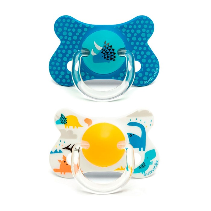 Пустышка Suavinex от 18 мес. с физиол. латексн. соской, 2шт., жёлтая, "Динозавр"