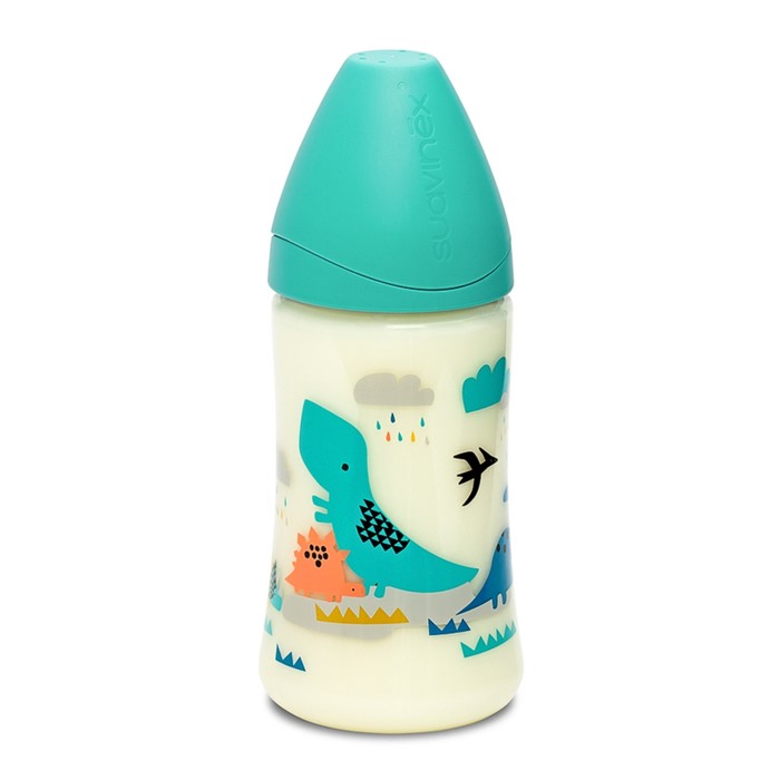 Бутылочка Suavinex 270мл от 0 мес. силик. кругл. соска, голубая, "Динозавр"