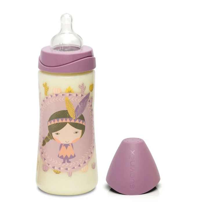 Бутылочка Suavinex для каш 360мл., от 4 мес. силик. кругл. соска, сиренев."Индеец"