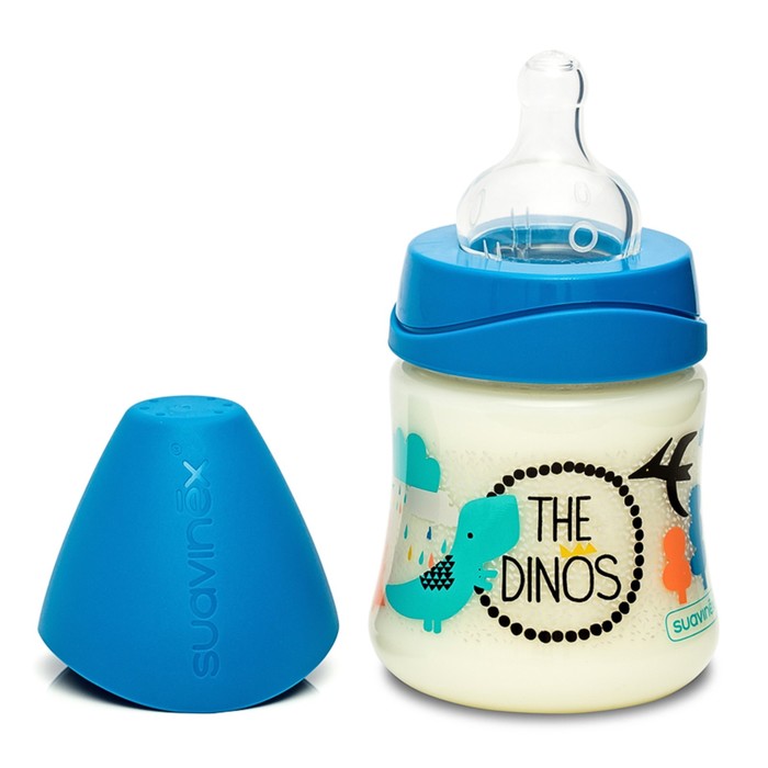 Бутылочка Suavinex силиконовая круглая соска 150мл., от 0 мес., синяя "Динозавр"