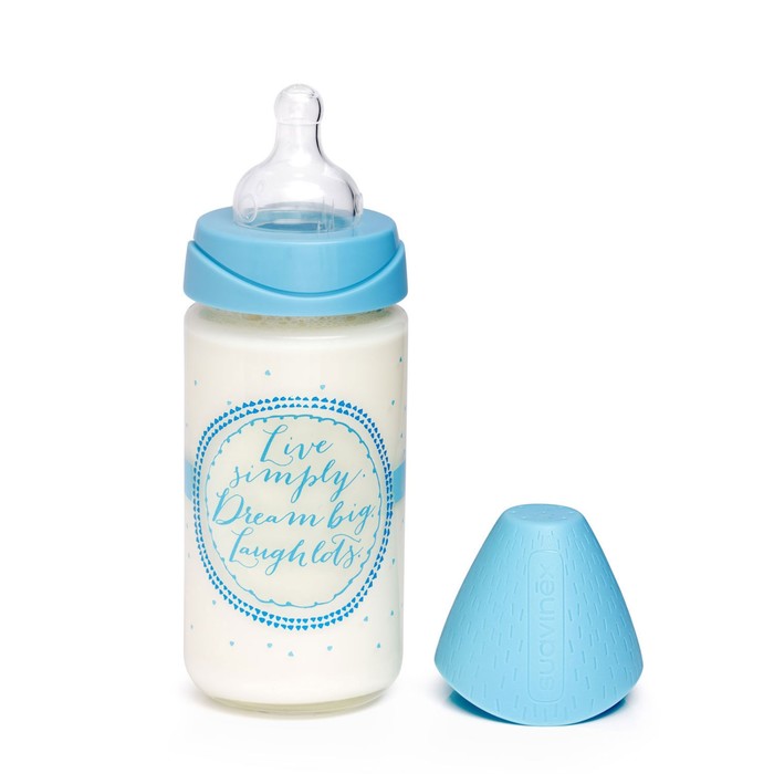 Бутылочка Suavinex (стекло) от 0 мес. 240мл Meaningful Life, кругл. силикон. соска, голубая 379035