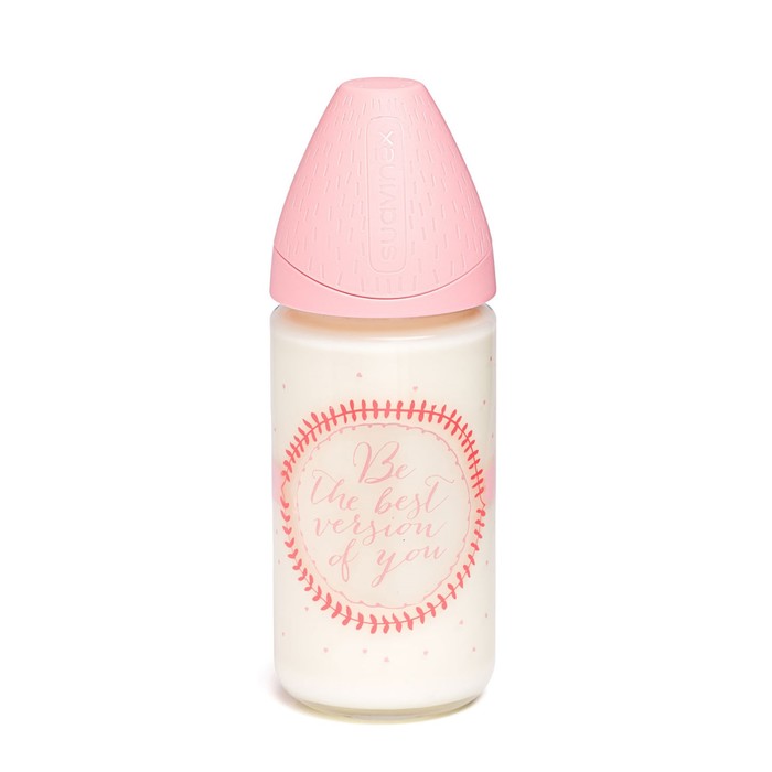 Бутылочка Suavinex (стекло) от 0 мес. 240мл Meaningful Life, кругл. силикон. соска, розовая 379036