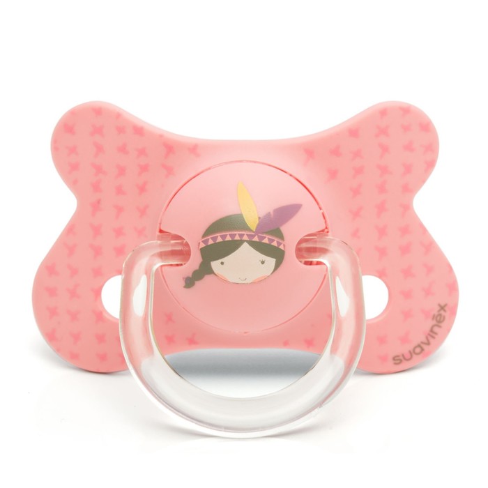 Пустышка Suavinex от 4-18 мес., физиологическая силиконовая, розовая,"Индеец"