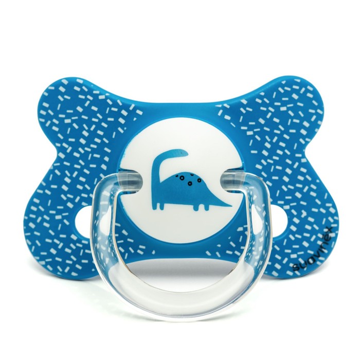 Пустышка Suavinex от 4-18 мес., физиологическая силиконовая, синяя "Динозавр"