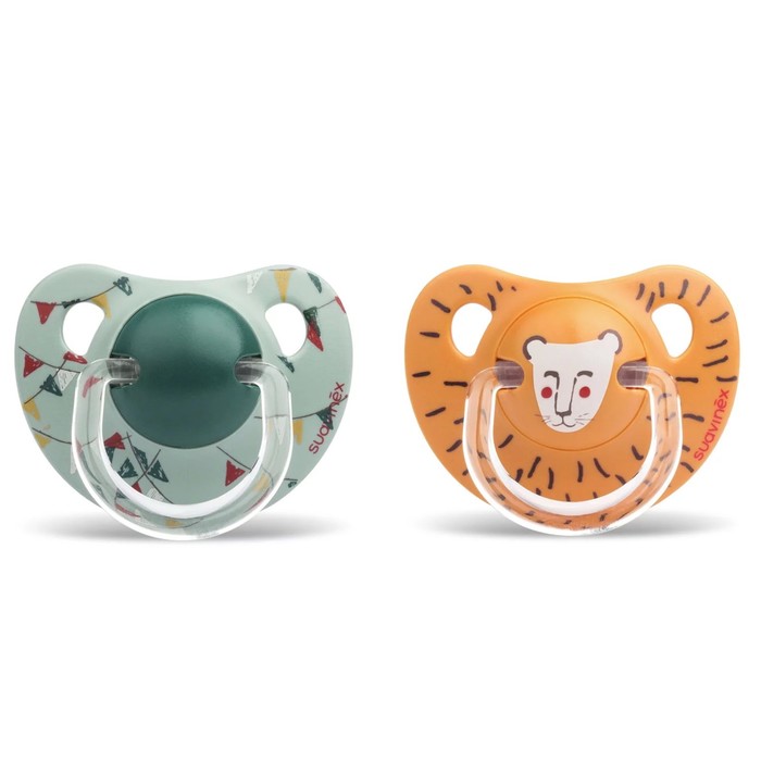 Набор  пустышек Suavinex, 2шт., от 18 мес., с анатомической соской, силикон, оранж.лев/зел.флаг   37