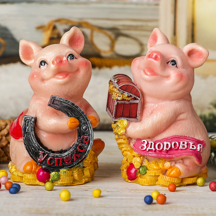 Копилка полистоун "Поросёнок с подковой/сундуком" МИКС 12,5х8х7 см