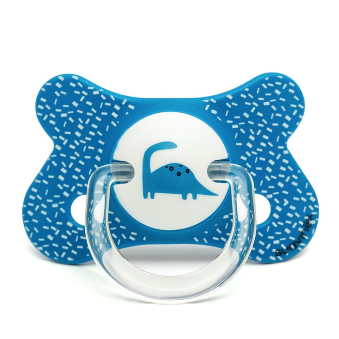 Пустышка Suavinex от 4-18 мес., с физиол. латексн. соской, синяя "Динозавр"