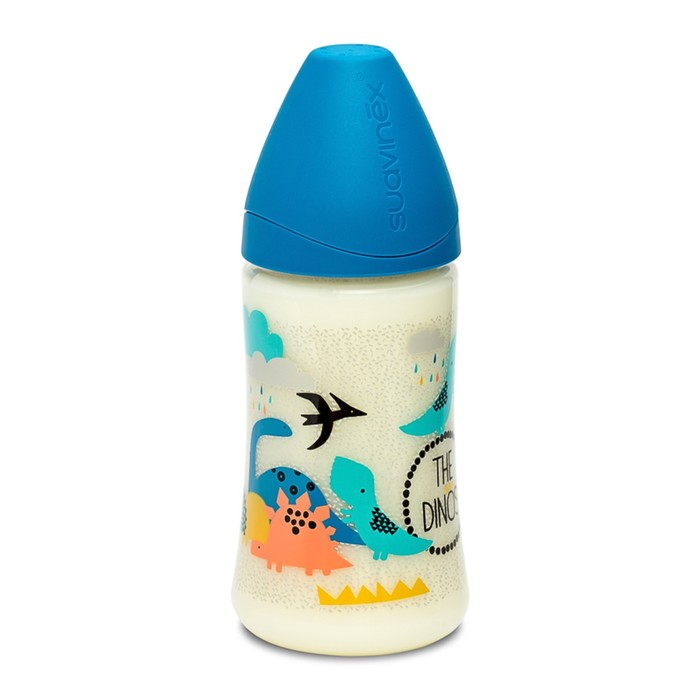 Бутылочка Suavinex 270мл от 0 мес. силик. кругл. соска, синяя,"Динозавр"