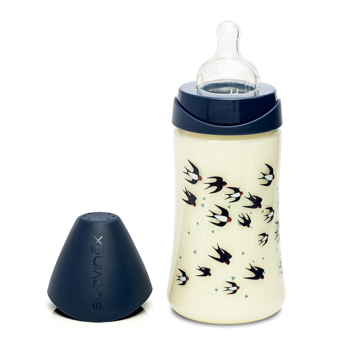 Бутылочка Suavinex 270мл от 0 мес. силик. кругл. соска, синяя, "Ласточки"