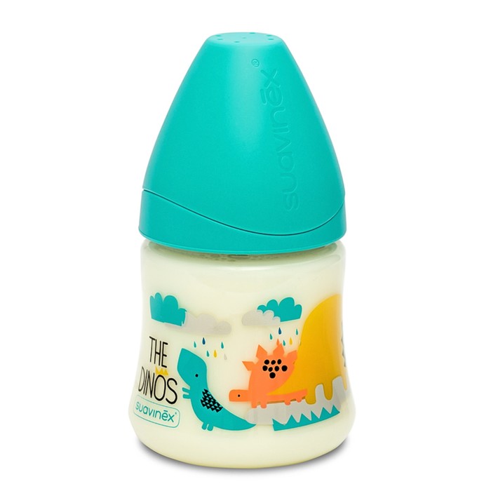 Бутылочка Suavinex силиконовая круглая соска 150мл., от 0 мес., голуб. "Динозавр"
