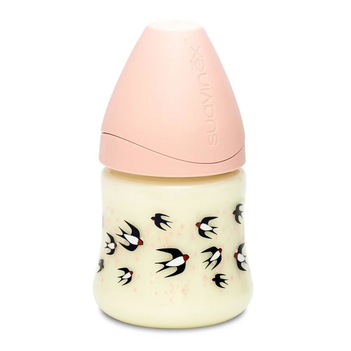 Бутылочка Suavinex силиконовая круглая соска 150мл., от 0 мес., св.роз "Ласточки"