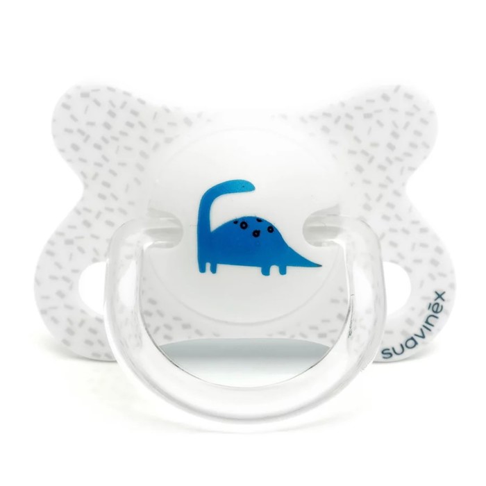 Пустышка Suavinex до 4 мес., физиологическая силиконовая, белая "Динозавр"