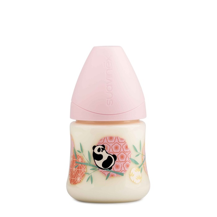 Бутылочка Suavinex 150мл., от 0-6 мес., с анатом. латексной соской, роз.панда , розовая