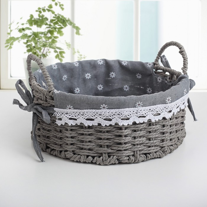 Корзина для хранения плетеная круглая &quot;Маргаритки&quot; 25х25х15 см, цвет серый, средняя