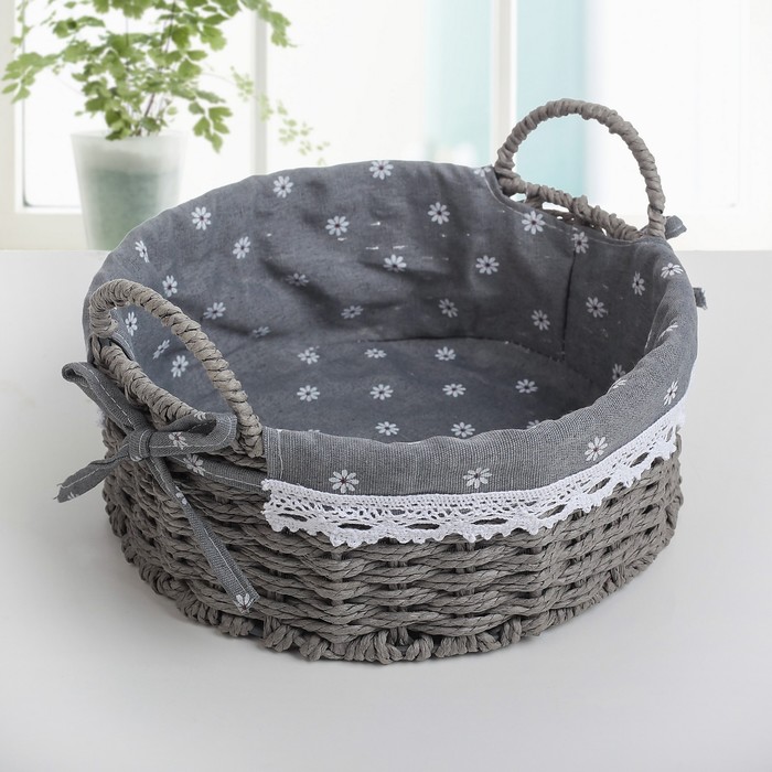 Корзина для хранения плетеная круглая "Маргаритки" 25х25х15 см, цвет серый, средняя