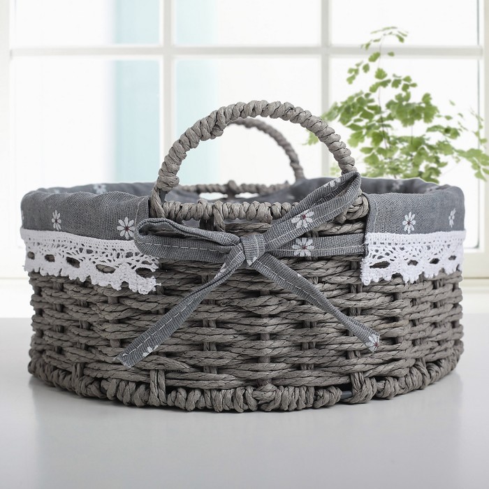 Корзина для хранения плетеная круглая "Маргаритки" 25х25х15 см, цвет серый, средняя
