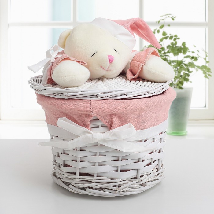 Корзина для белья плетеная круглая "Медвежонок розовый" 21х21х15 см, малая