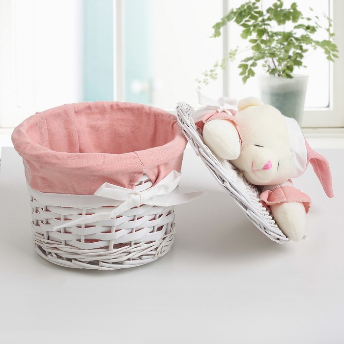 Корзина для белья плетеная круглая "Медвежонок розовый" 21х21х15 см, малая