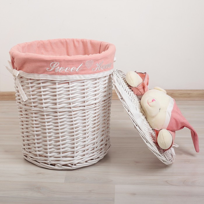 Корзина для белья плетеная, круглая "Медвежонок розовый"