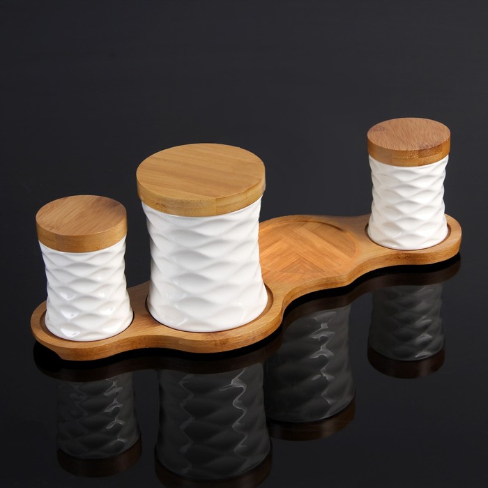 Набор банок для сыпучих продуктов "Эстет.Гнездо", 3 шт, на деревянной подставке УЦЕНКА