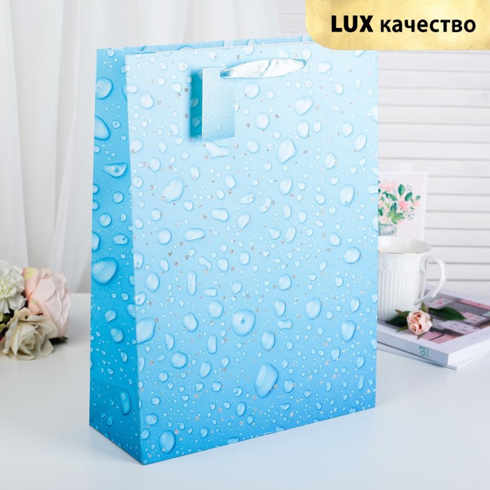 Пакет подарочный "Капли", голубой, люкс, 31 х 12 х 42 см