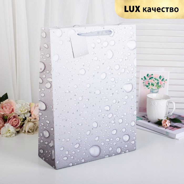 Пакет подарочный "Капли", серый, люкс, 31 х 12 х 42 см