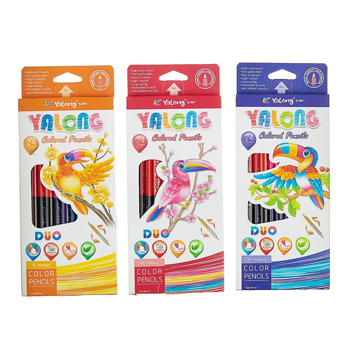 Карандаши 12/24цв ДВУХЦВЕТНЫЕ в картонной коробке Yalong заточенные треугольные МИКС