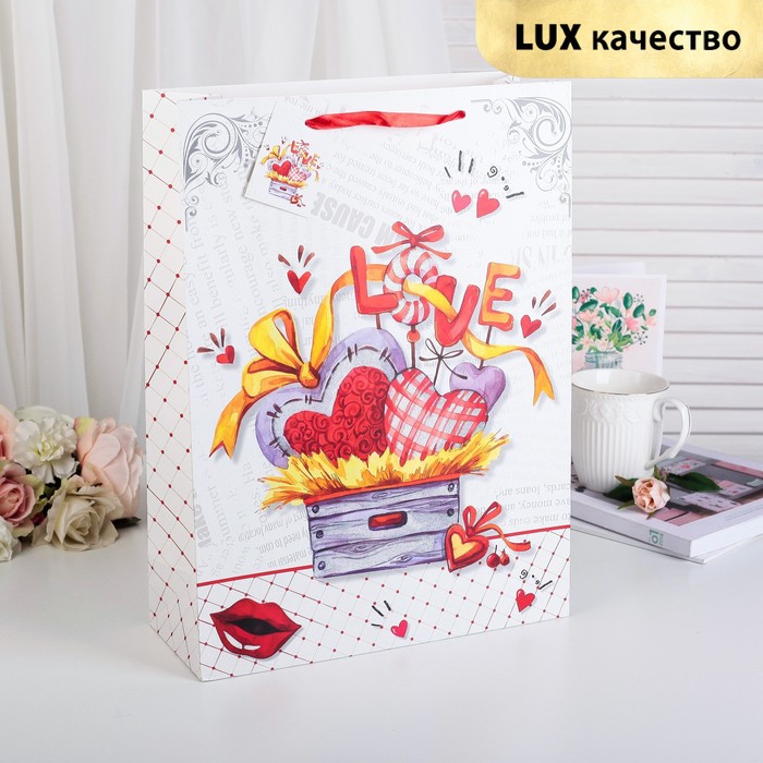 Пакет подарочный "Сердца", люкс, 26 х 10 х 32 см