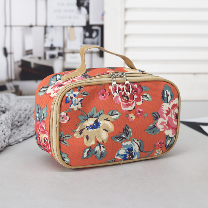 Косметичка-сундук "Цветение", отдел на молнии, зеркало, цвет оранжевый/цветы
