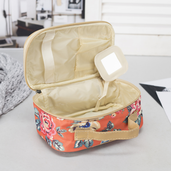 Косметичка-сундук "Цветение", отдел на молнии, зеркало, цвет оранжевый/цветы